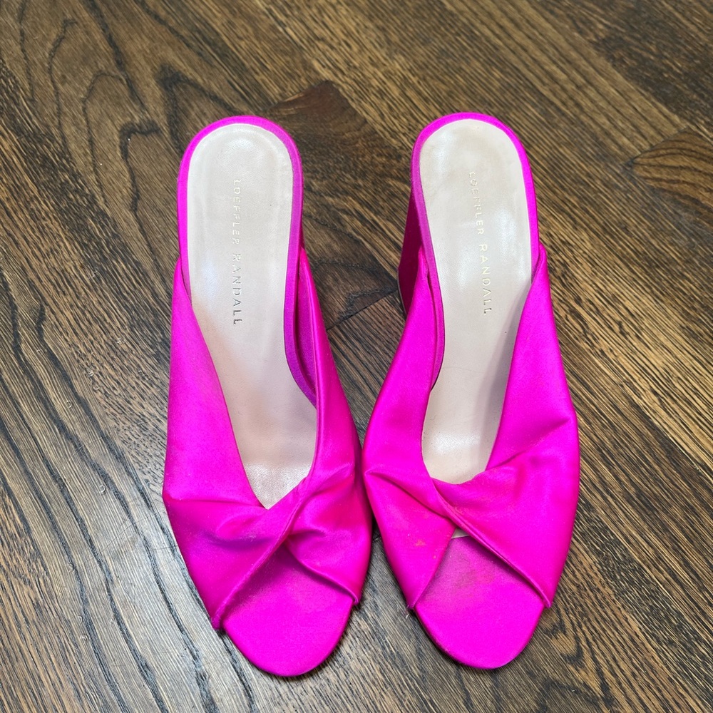 Pink satin Loeffler Randall block heels